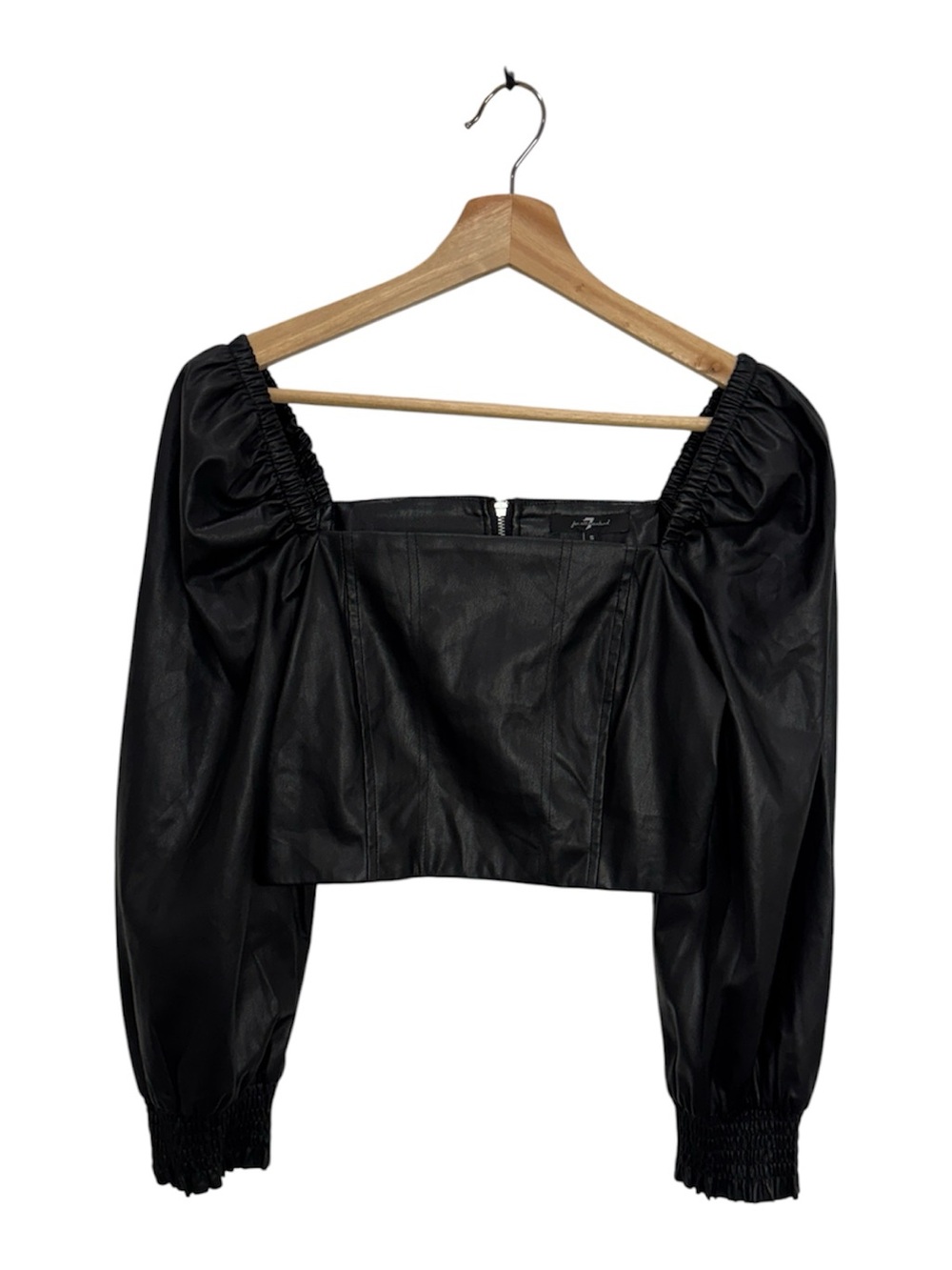 NWT 7 For All Mankind Faux Leather Puff Sleeve Crop Top Black S Vegan Leather